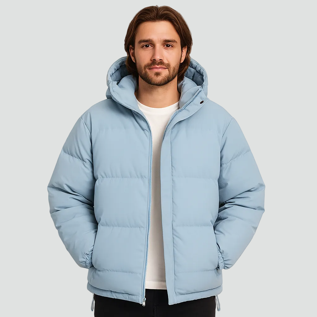 Men's Quilted Puffer Winter Jacket with Hood and Zip Closure